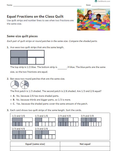 Equal Fractions on the Class Quilt worksheet preview