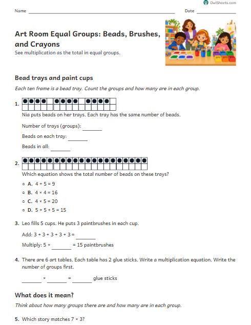 Art Room Equal Groups: Beads, Brushes, and Crayons worksheet preview