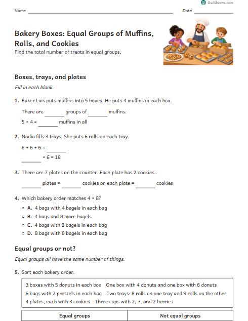 Bakery Boxes: Equal Groups of Muffins, Rolls, and Cookies worksheet preview