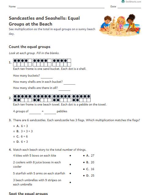 Sandcastles and Seashells: Equal Groups at the Beach worksheet preview