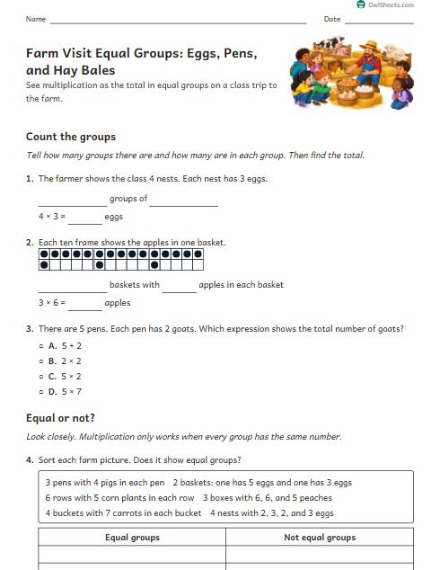 Farm Visit Equal Groups: Eggs, Pens, and Hay Bales worksheet preview