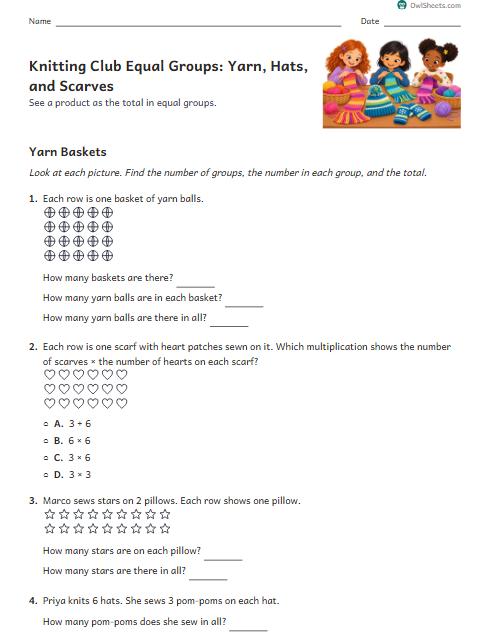 Knitting Club Equal Groups: Yarn, Hats, and Scarves worksheet preview