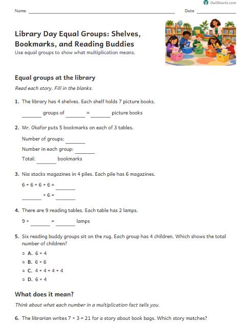 Library Day Equal Groups: Shelves, Bookmarks, and Reading Buddies worksheet preview