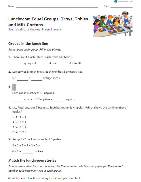Lunchroom Equal Groups: Trays, Tables, and Milk Cartons worksheet preview