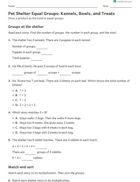 Pet Shelter Equal Groups: Kennels, Bowls, and Treats worksheet preview