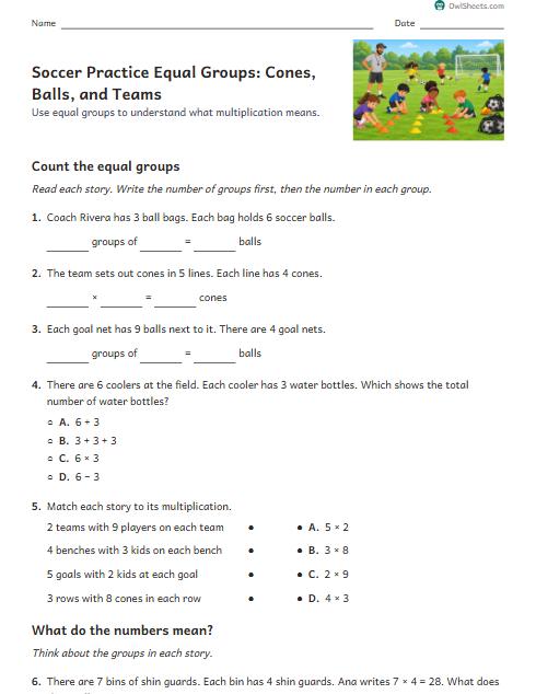 Soccer Practice Equal Groups: Cones, Balls, and Teams worksheet preview