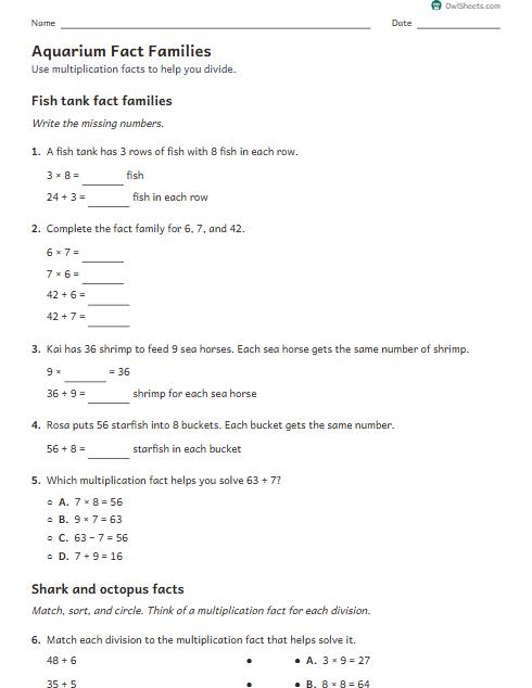 Aquarium Fact Families worksheet preview