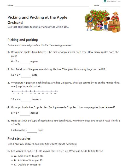 Picking and Packing at the Apple Orchard worksheet preview