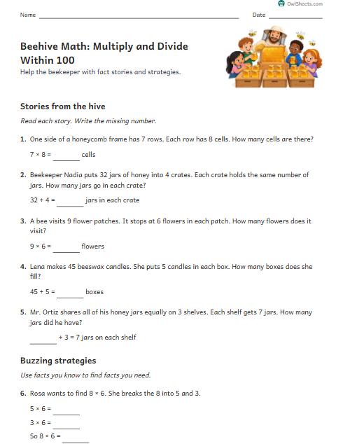 Beehive Math: Multiply and Divide Within 100 worksheet preview