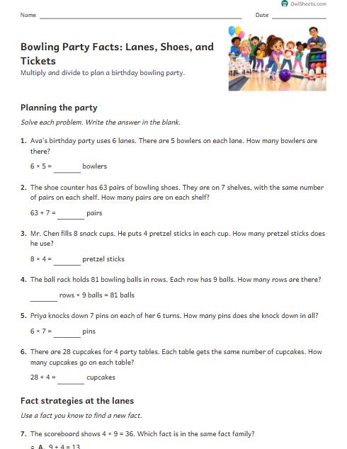 Bowling Party Facts: Lanes, Shoes, and Tickets worksheet preview