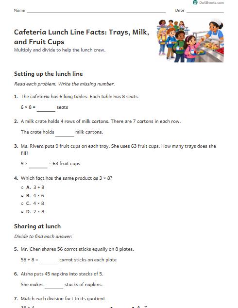 Cafeteria Lunch Line Facts: Trays, Milk, and Fruit Cups worksheet preview
