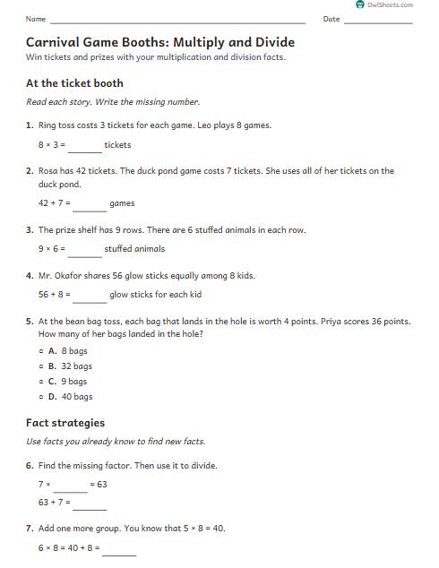 Carnival Game Booths: Multiply and Divide worksheet preview