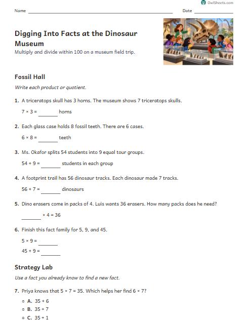 Digging Into Facts at the Dinosaur Museum worksheet preview
