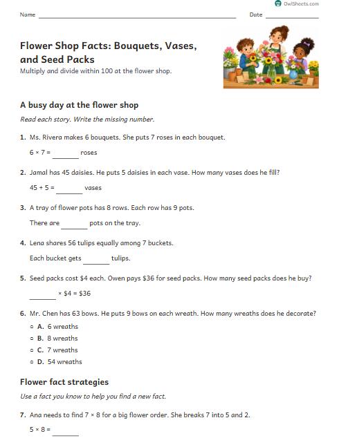 Flower Shop Facts: Bouquets, Vases, and Seed Packs worksheet preview