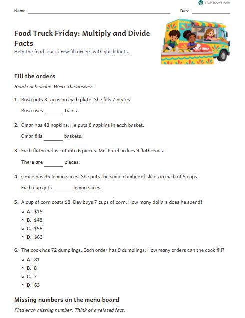 Food Truck Friday: Multiply and Divide Facts worksheet preview
