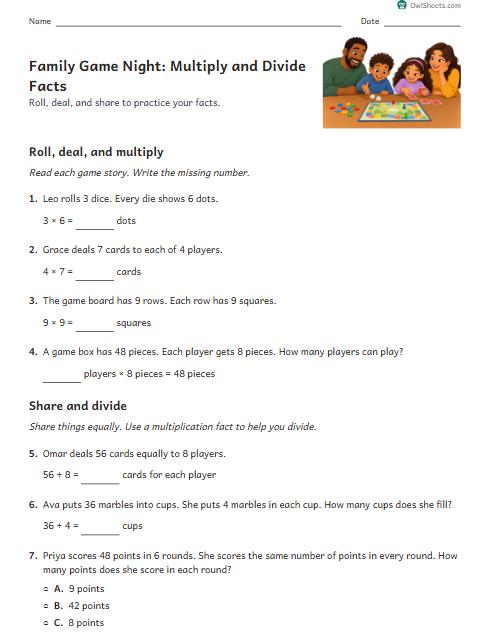 Family Game Night: Multiply and Divide Facts worksheet preview