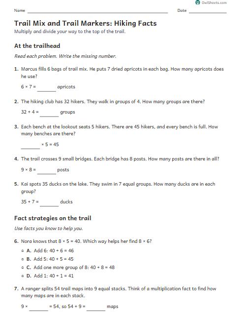 Trail Mix and Trail Markers: Hiking Facts worksheet preview