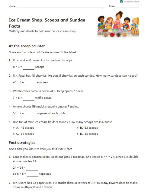 Ice Cream Shop: Scoops and Sundae Facts worksheet preview