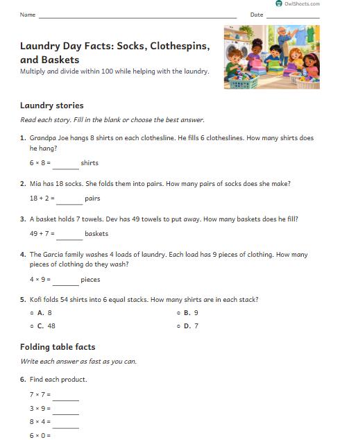 Laundry Day Facts: Socks, Clothespins, and Baskets worksheet preview
