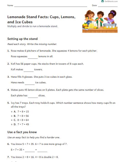 Lemonade Stand Facts: Cups, Lemons, and Ice Cubes worksheet preview