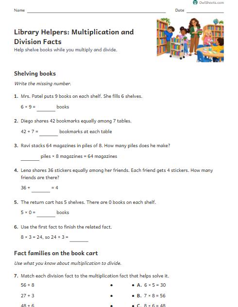 Library Helpers: Multiplication and Division Facts worksheet preview