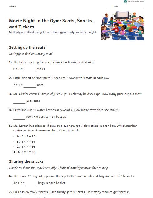 Movie Night in the Gym: Seats, Snacks, and Tickets worksheet preview