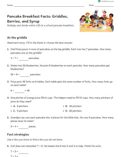 Pancake Breakfast Facts: Griddles, Berries, and Syrup worksheet preview