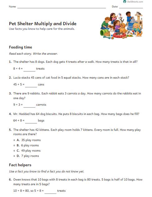 Pet Shelter Multiply and Divide worksheet preview