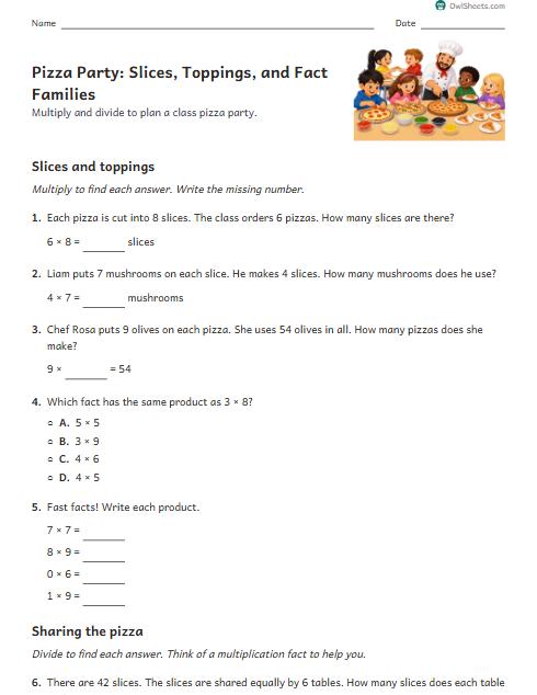 Pizza Party: Slices, Toppings, and Fact Families worksheet preview