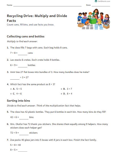 Recycling Drive: Multiply and Divide Facts worksheet preview