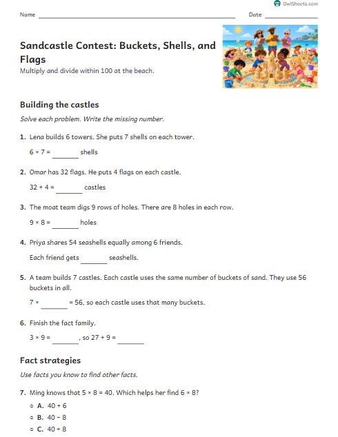 Sandcastle Contest: Buckets, Shells, and Flags worksheet preview