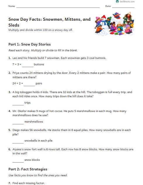 Snow Day Facts: Snowmen, Mittens, and Sleds worksheet preview