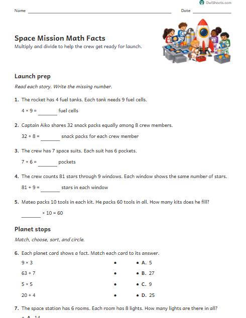 Space Mission Math Facts worksheet preview