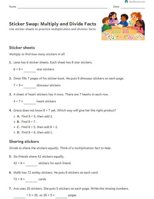 Sticker Swap: Multiply and Divide Facts worksheet preview