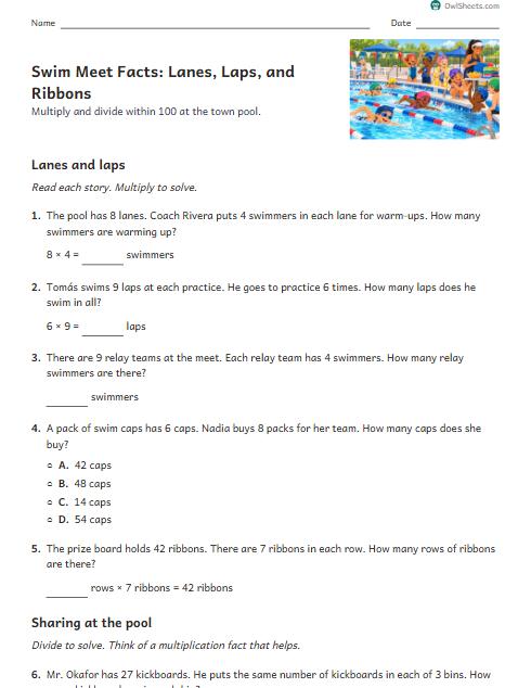 Swim Meet Facts: Lanes, Laps, and Ribbons worksheet preview