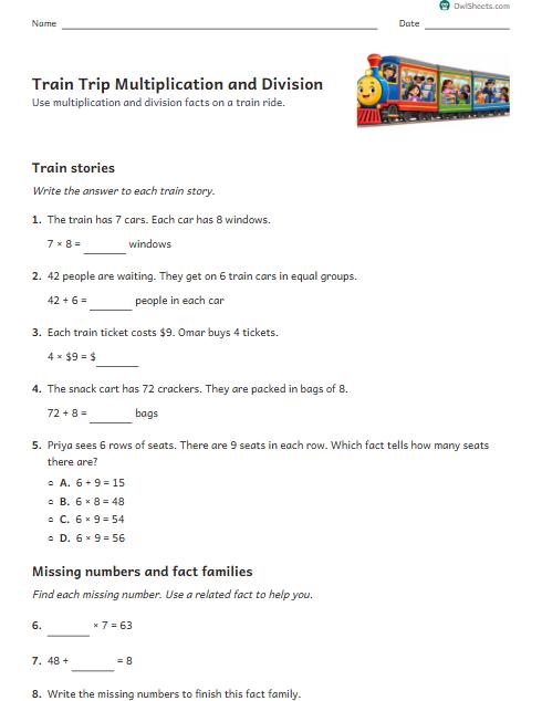 Train Trip Multiplication and Division worksheet preview