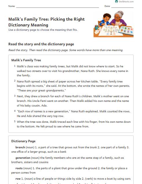 Malik's Family Tree: Picking the Right Dictionary Meaning worksheet preview