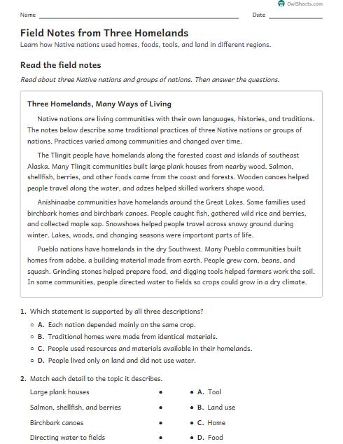 Field Notes from Three Homelands worksheet preview