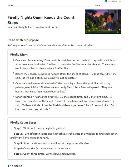 Firefly Night: Omar Reads the Count Steps worksheet preview