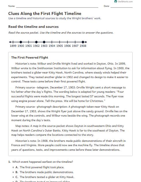 Clues Along the First Flight Timeline worksheet preview