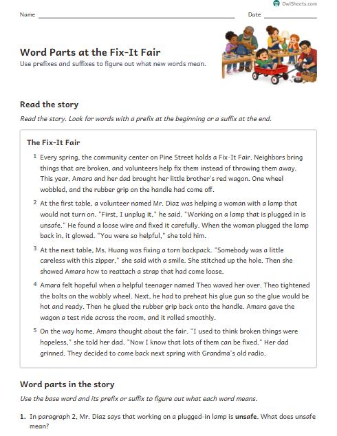 Word Parts at the Fix-It Fair worksheet preview