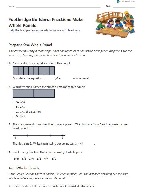 Footbridge Builders: Fractions Make Whole Panels worksheet preview