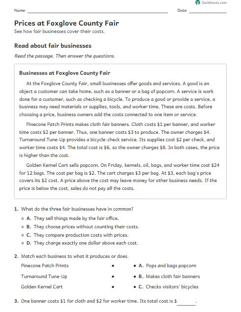 Prices at Foxglove County Fair worksheet preview
