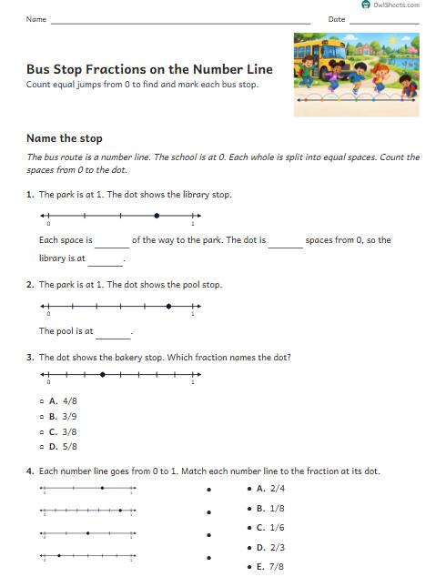Bus Stop Fractions on the Number Line worksheet preview