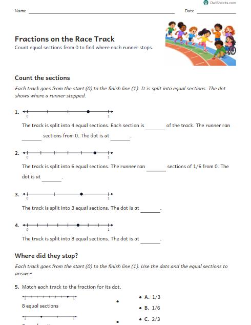 Fractions on the Race Track worksheet preview