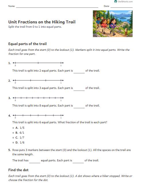 Unit Fractions on the Hiking Trail worksheet preview