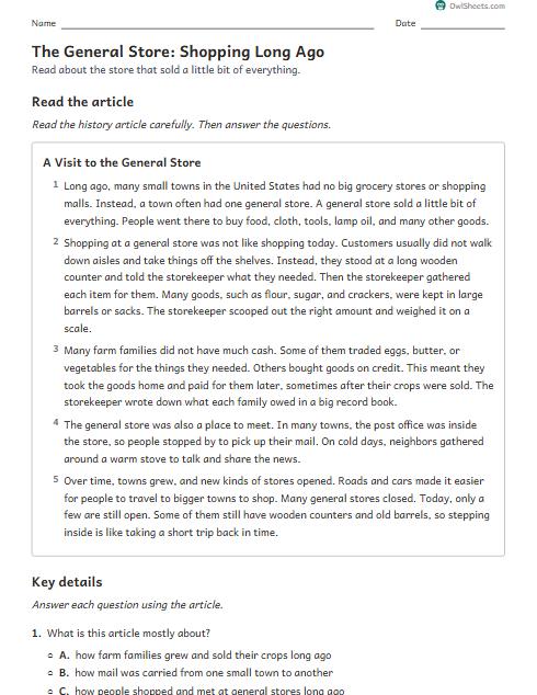 The General Store: Shopping Long Ago worksheet preview