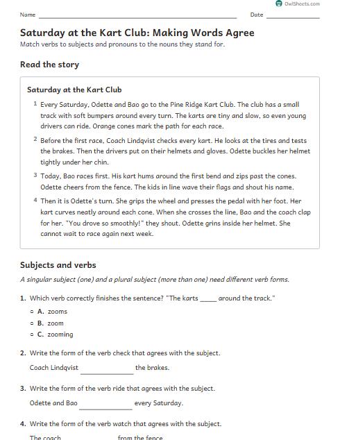 Saturday at the Kart Club: Making Words Agree worksheet preview