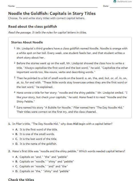 Noodle the Goldfish: Capitals in Story Titles worksheet preview
