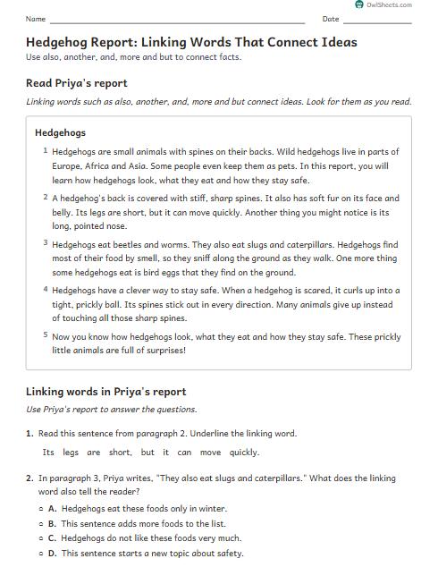 Hedgehog Report: Linking Words That Connect Ideas worksheet preview